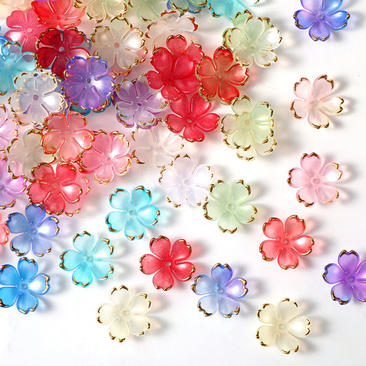 Ymapinc 100Pcs Cherry Blossom Acrylic Flower Beads for Bracelets, Cute Floral Beads Charms for Jewelry Making, Gold-Plated Mini Spacer Flower Charms,Random Color