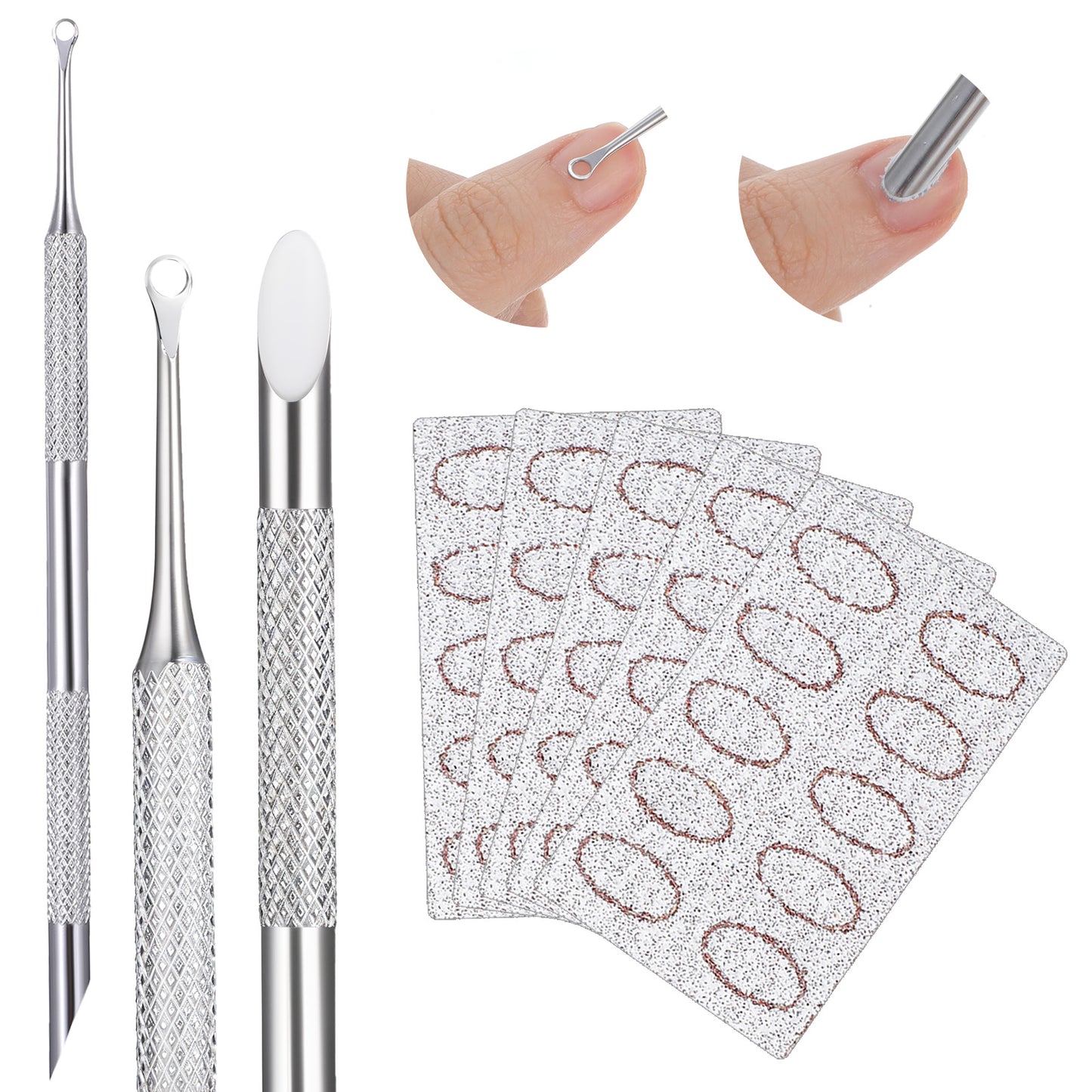 Cuticle Pusher Tool with 2 Ends, Ymapinc Nail Prep Cuticle Remover Tool with 50 Pc Sandpaper Sheets,Nail Care Manicure Tools for Manicure Pedicure Art