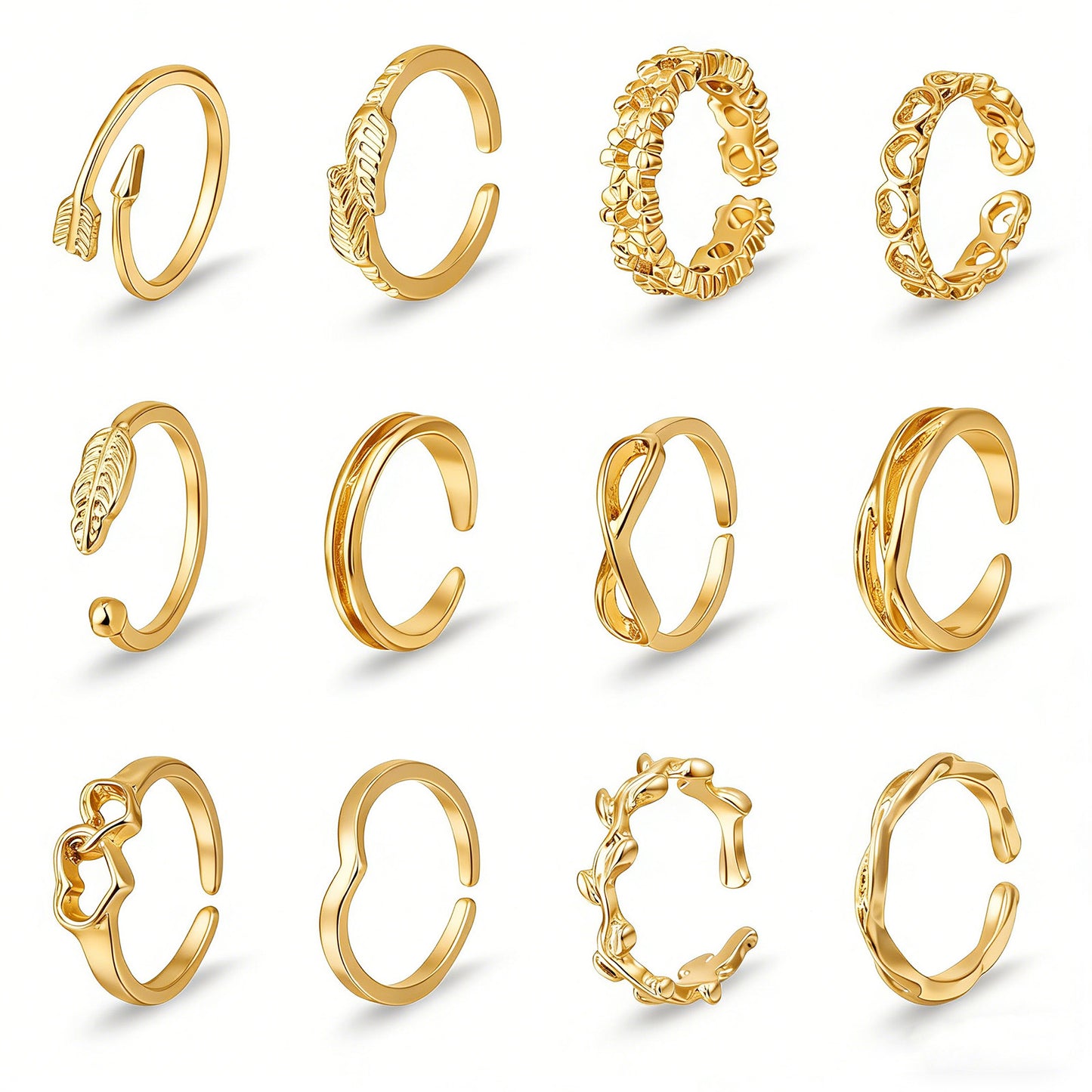 Ouligay 12PCS Toe Rings for Women Non Tarnish Gold Adjustable Toe Rings Set with Open Flower Toe Ring, Copper Crafted, Perfect Summer Beach Jewelry