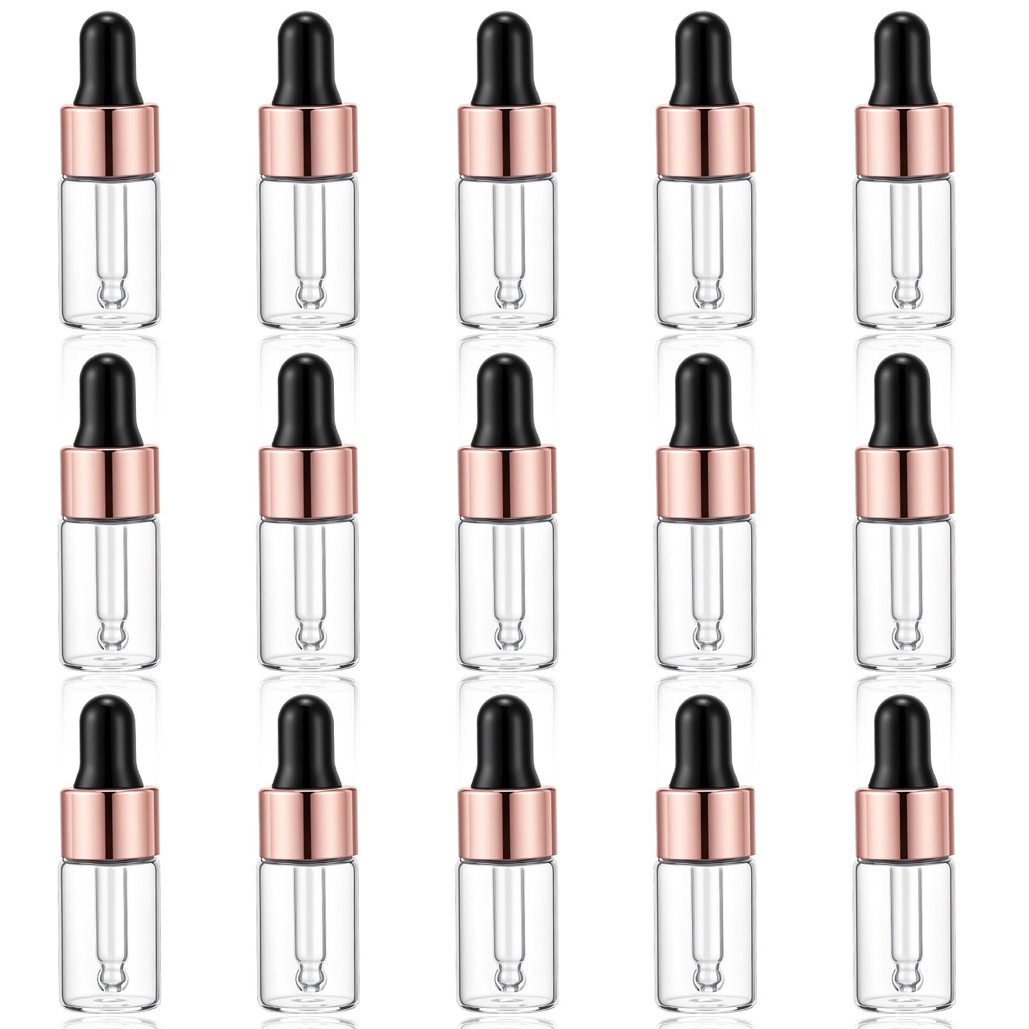 Bremorou 15 Pcs Mini Glass Oil Dropper Bottle Sample Glass Dropper Bottle Portable Clear Liquid Container for Essential Oils Perfume Travel Serum Cosmetic Samples Aromatherapy Skincare Rose Gold Caps