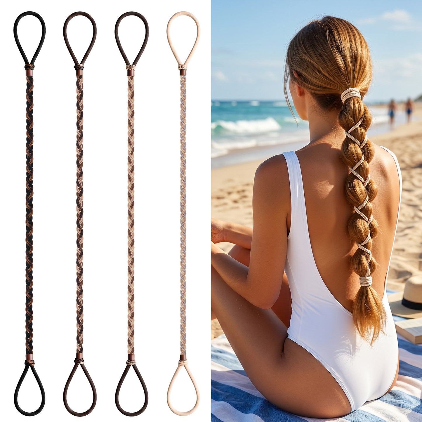 Sorcristy 4 Pcs Sports Hair Ties for Women & Girls, Spiral Braided Hair Ties Elastic Braided Ponytail Holder Non-Slip Elastic Long Stretchy Holders for Beach Gym Yoga Running Swimming