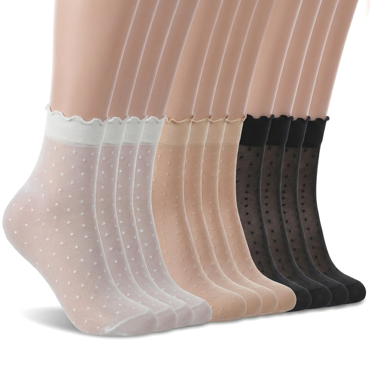 Ouligay 9 Pairs Women's Sheer Ruffle Socks Polka Dot Sheer Socks Women Cute Frilly Lace Crew Sock Summer Ultra Thin Cool See Through Ankle Sock for Women