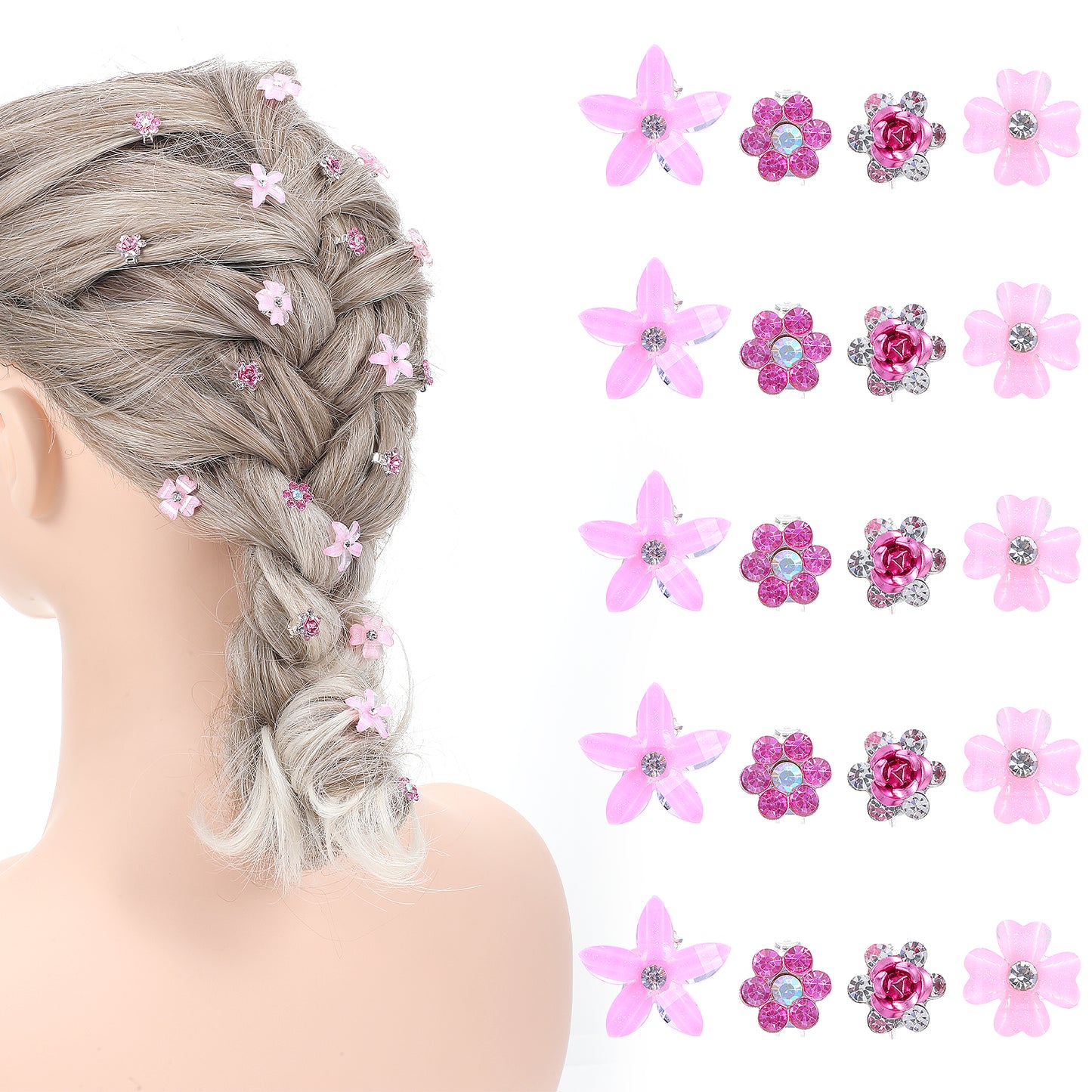 Tyqour 20Pcs Mini Flower Hair Clips Pink Hair Clips Cute Rhinestone Flower Hair Pins Small Decorative Hair Clips Wedding Hair Barrettes Flower Hair Accessories for Girls Women