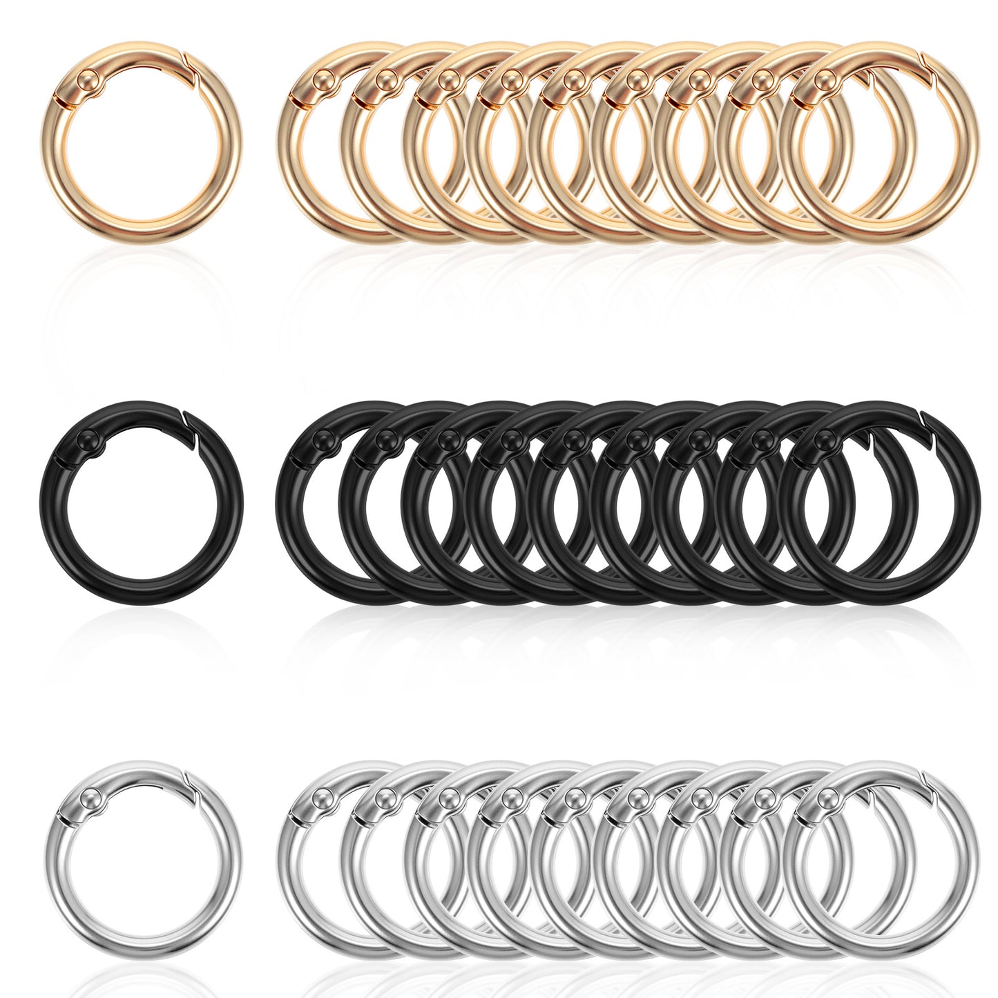 Bremorou 30 Pcs Trigger Spring O Rings Set Circle Carabiner Metal Round Carabiner Clips Replacement Snap Buckle For Keychains Bags Purses Handbags Strap Diy Crafts (Gold, Silver, Black)