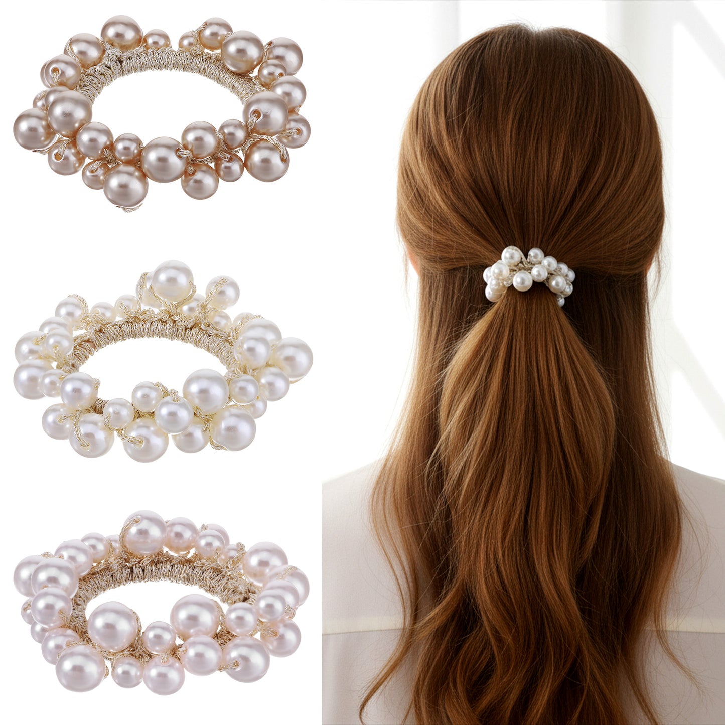Ouligay 3PCS Pearl Hair Ties Beaded Elastic Hair Scrunchies Boho Stretchy Bands Bead Ropes Hair Accessories for Women and Girls