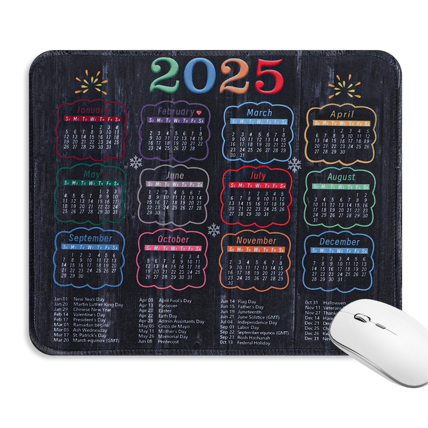 2025 Calendar Mouse Pad with Stitched Edge, Black Square Mousepad for Desk, Computer Mouse Pad 10.24 X 8.27 Inch with Non-slip Rubber Base, Office MousePad for Desk Computers Laptop