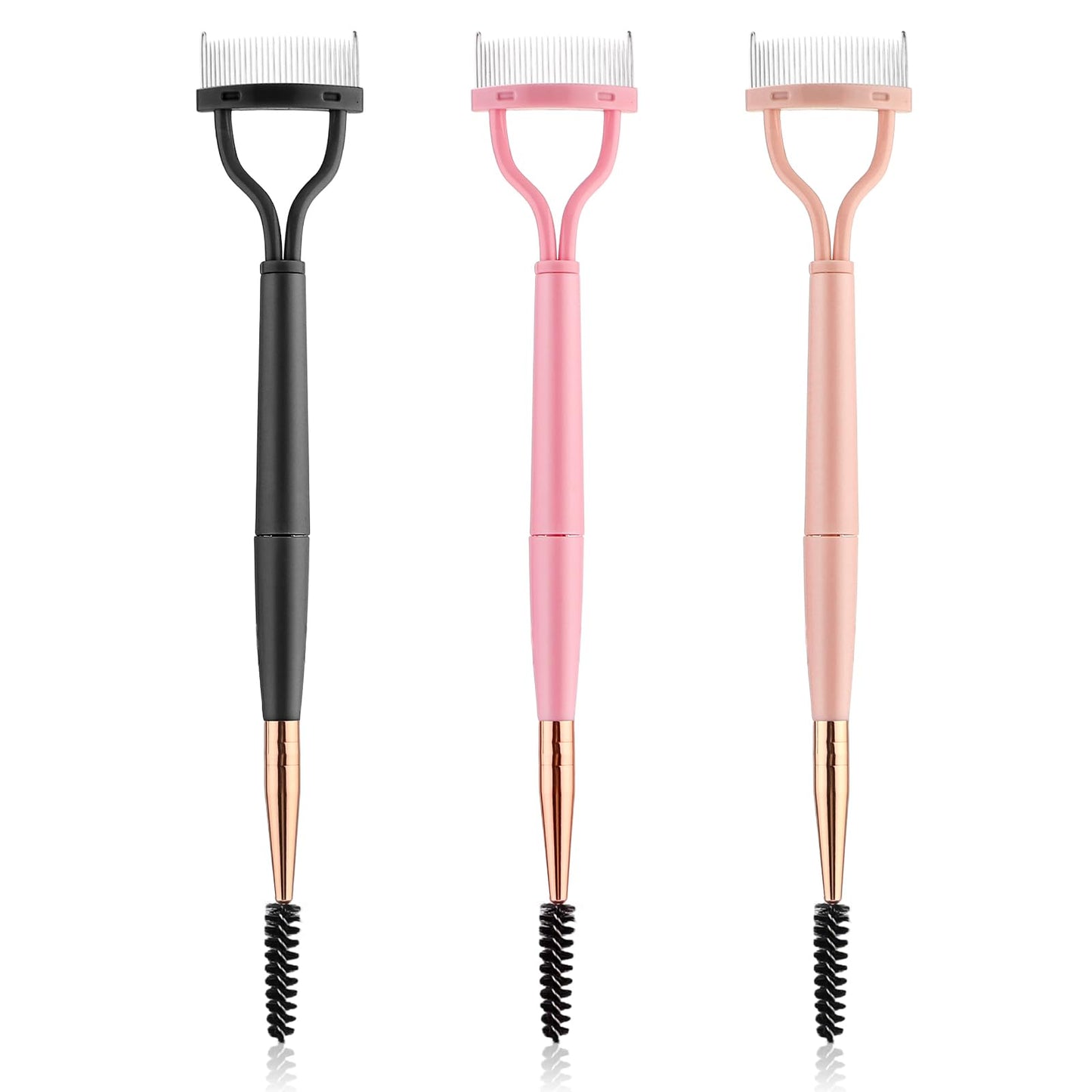 3PCS Eyelash Comb Dual Head Lash Comb Brush Set, Eyelash Separator Tool with Mascara Applicator Spoolie, Ideal for Excess Mascara Removal, Makeup Accessories for Women & Girls (Pink/Lotus/Black)