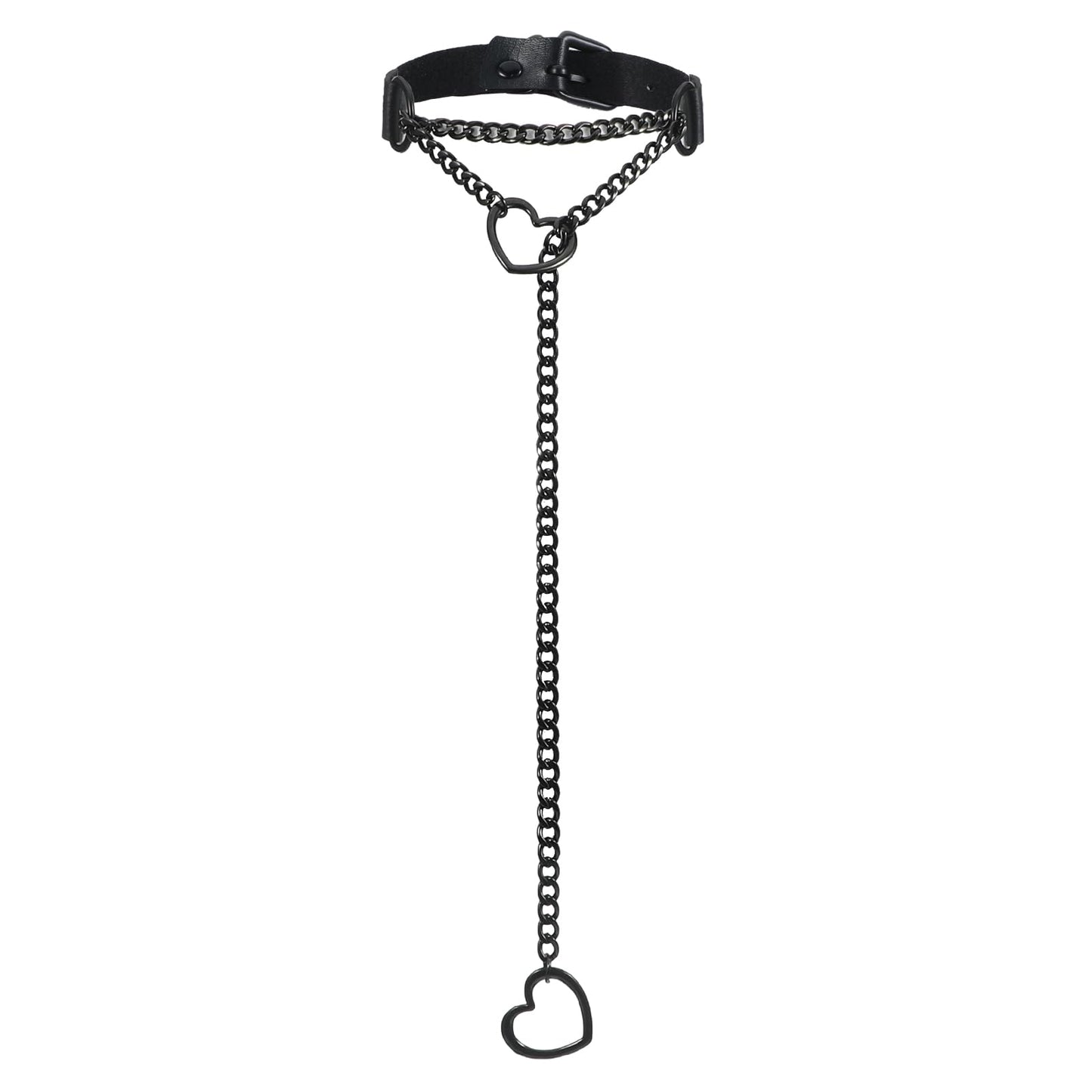 Handmade Black Heart Choker Collar for Women, Punk Gothic O-Ring Slip Chain Necklace With Adjustable Vegan Leather Buckle, Punk Gothic Heart Slip Chain Long Necklace, Adjustable Buckle And Padlock