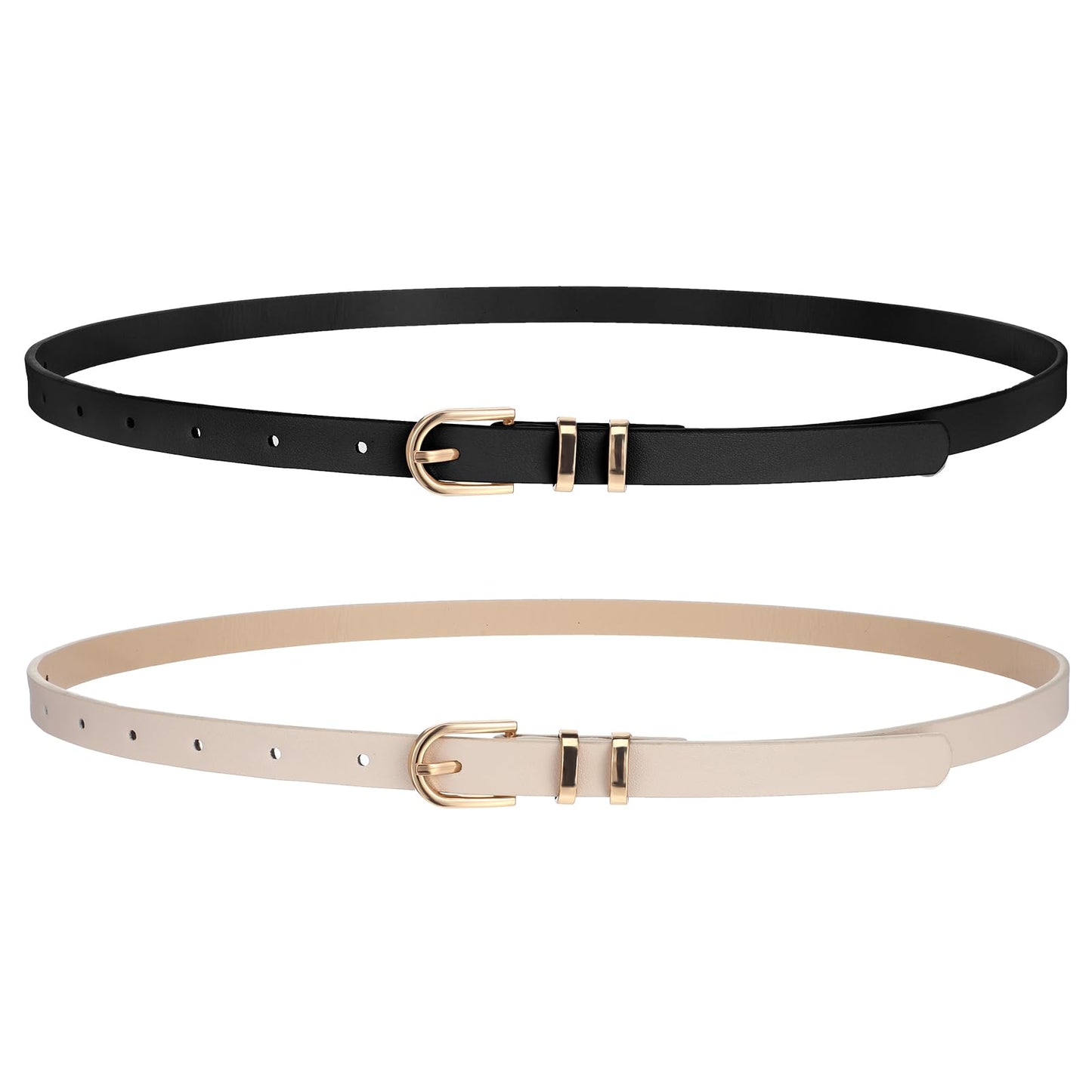 2 Pack Thin Belt Women Faux Leather Waist Belts for Jeans Dress Fashion Adjustable Skinny Belt for Ladies with Gold Buckle 0.55" Width(Black, Beige)