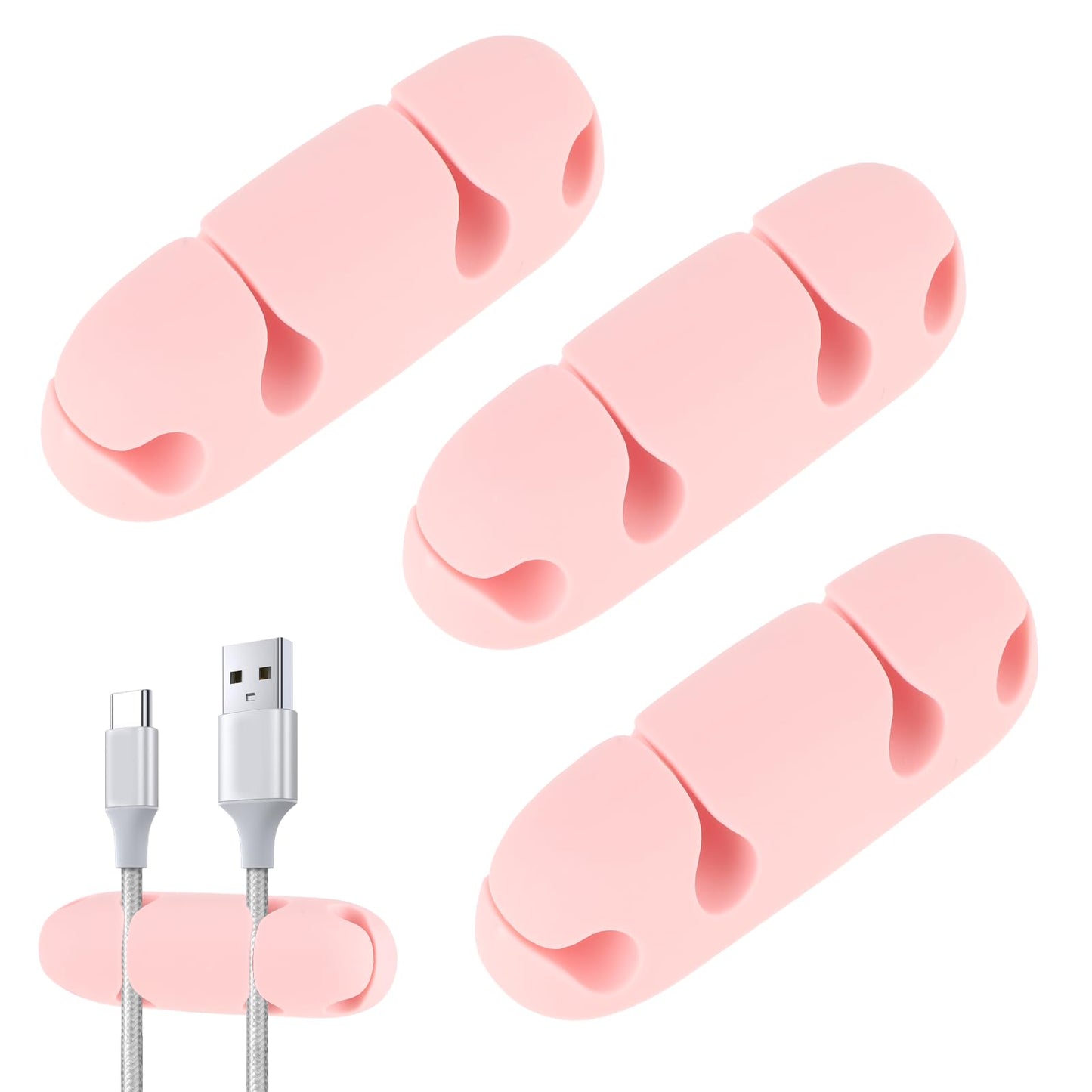 Cable Holder Clips, Mabor 3PCS Cable Management Clip 4 Hole Cord Wire Organizer Electrical Holders Silicone Cable Harness USB Charging Accessory Cable Holder for Office and Home Desk (Pink)