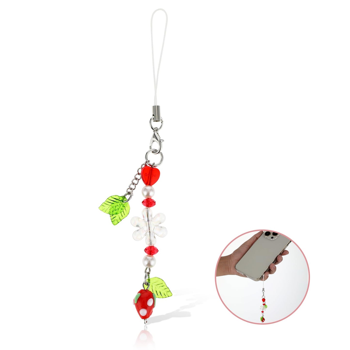 Ouligay Cute Phone Charm Strawberry Y2K Phone Charm Lanyard Flower Beaded Phone Charm Phone Keychain Charm Phone Accessories for Women Girls