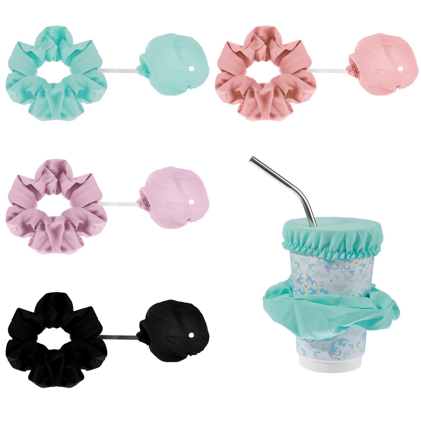 Tyqour 4Pcs Scrunchie Cup Covers for Drinks Stretchable Drink Covers Anti Spike Reusable Drink Spiking Prevention Cup Cover with Straw Hole for Most Glass Cups Women Protect Drinks Bar Night out