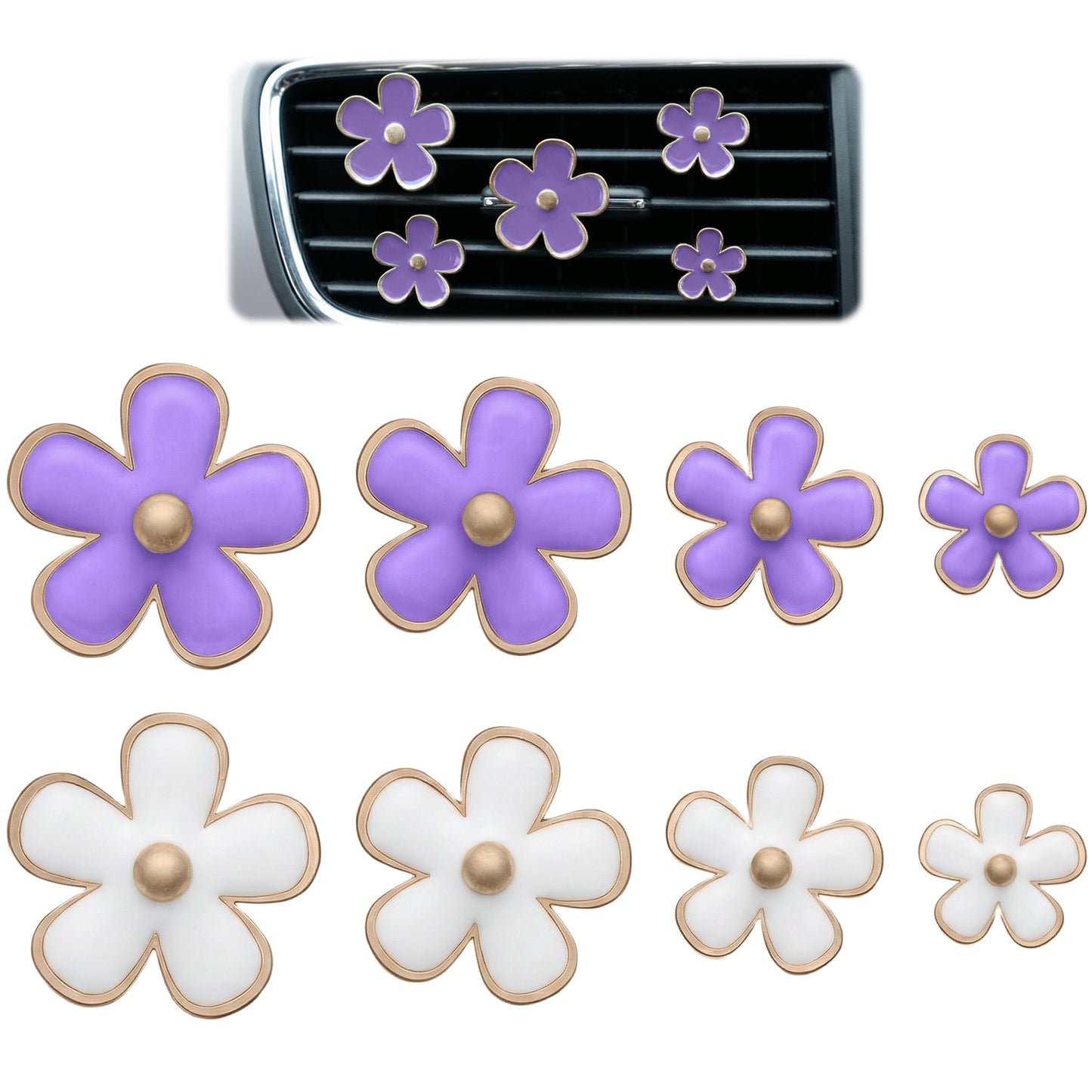 Sorcristy 8PCS Car Vent Clips Cute Flower Air Vent Clips Blue Daisy Car Air Freshener Clip Interior Decor Accessories for Women (Blue, 3.4cm 3cm 2.3cm 1.2cm)(White and purple)