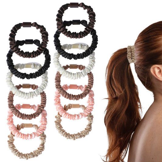 12 Pcs Small Silk Scrunchies 6 Colors Elastic Silk Skinny Hair Ties Thick Hair Accessories Cute Soft No Slip Hairs Elastics Ponytail Holder for Curly Hairs No Damage Hairties Ladies Festival Gifts