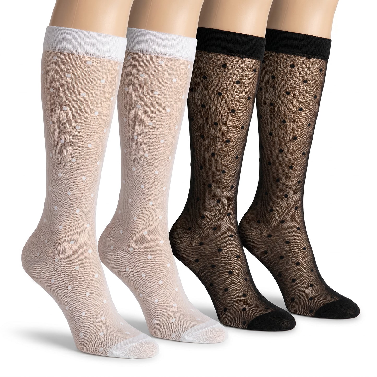 Sorcristy 2 Pairs Patterned Knee High Pantyhose, 30D Sheer Nylon Stockings with Reinforced Toe, Dot Heart and Lip Print Pattern Socks for Women, Breathable and Stretchy, Black and White