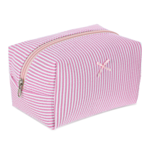 Pink Stripe Makeup Bag, Cute Bow Cosmetic Bag for Women, Square Toiletry Bags Aesthetic Travel Make up Organizer Bags Portable Zipper Pouch for Gift Skincare Beauty Accessories Brushes