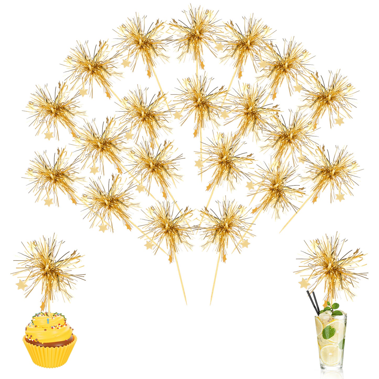 Ouligay 20 Pcs Gold Birthday Cupcake Toppers,Star Firework Birthday Cake Decorations,Sparkle Foil Cupcake Decorations,Gold Cake Topper,Cupcake Topper Sticks for Party Fruit,Cake Decorations