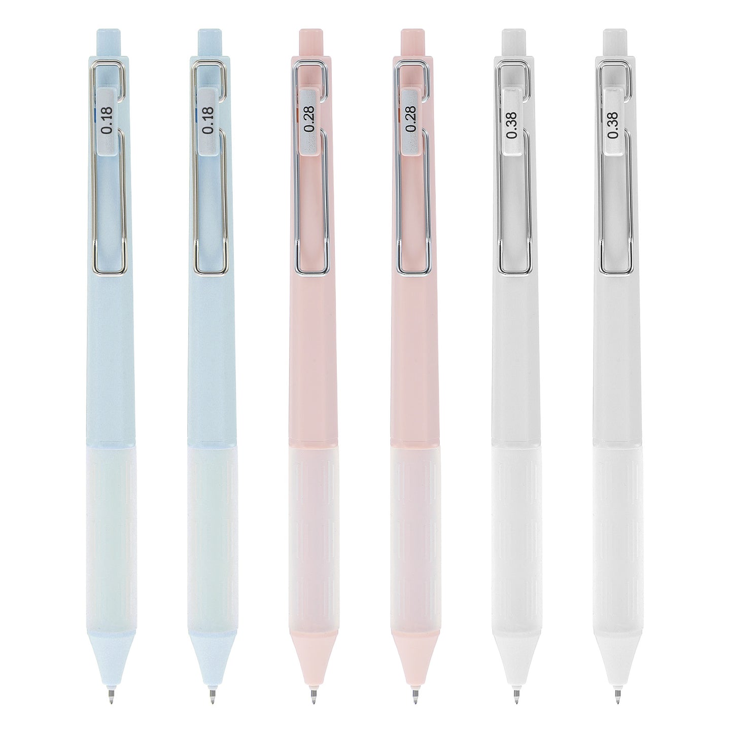 Ymapinc 6pcs Fine Tip Gel Pens Extra Fine Point Pens 0.18mm /0.28mm / 0.38mm Spring Pens with Silicone Grip Two Blue, Pink and White Pieces Each for Notetaking Journaling Homework