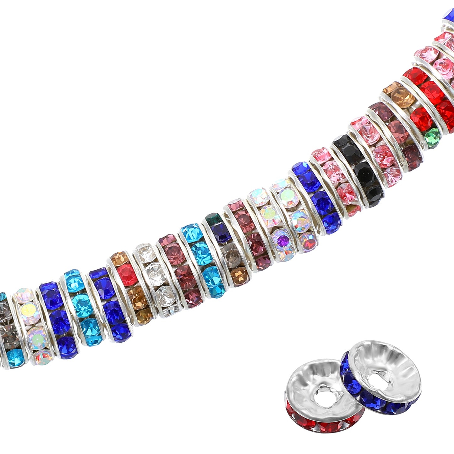 300 Pcs Large Hole Rhinestone Spacer Beads 10MM Rondelle Spacer Beads Silver Czech Crystal Rhinestone for DIY Jewelry Making Charms Bracelet Women Festival Gifts Mixed Color 0.39 × 0.14 Inches Iron