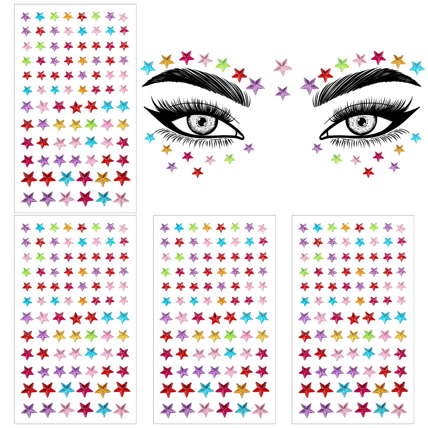 Tyqour 4 Sheets Colorful Star Face Stickers Face Eye Rhinestones Makeup Stickers Self Adhesive Sparkle Freckles Jewels For Face Rave Accessories For Hallow Parties Festival Daily Use
