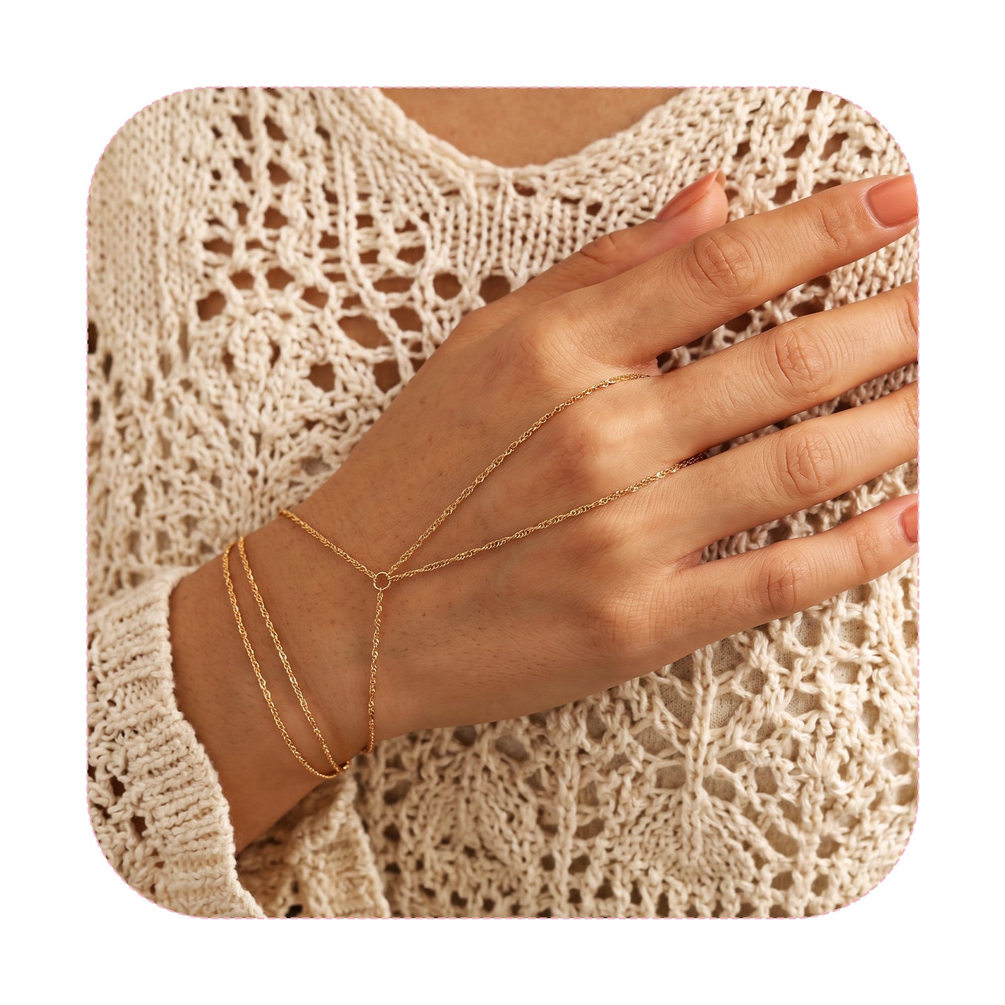 Tyqour Hand Chain Gold Chain Bracelet for Women, 14K Gold Plated Dainty Handchain Ring Chain Bracelet Layered Non Tarnish Trendy Simple Jewelry Mothers Day Gifts