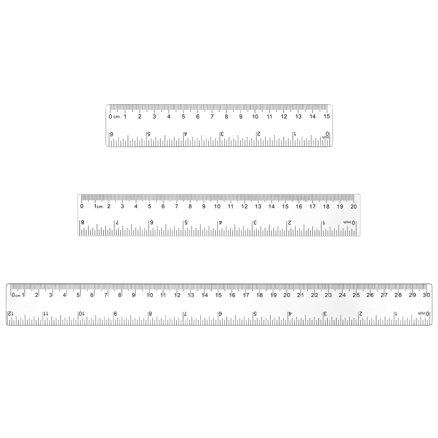 3 Pack Ruler Clear Rulers Small Straight Ruler with Centimeters and Inches, Plastic Shatterproof Measuring Tools for School, Office and Home (Clear, 15cm 20cm 30cm)