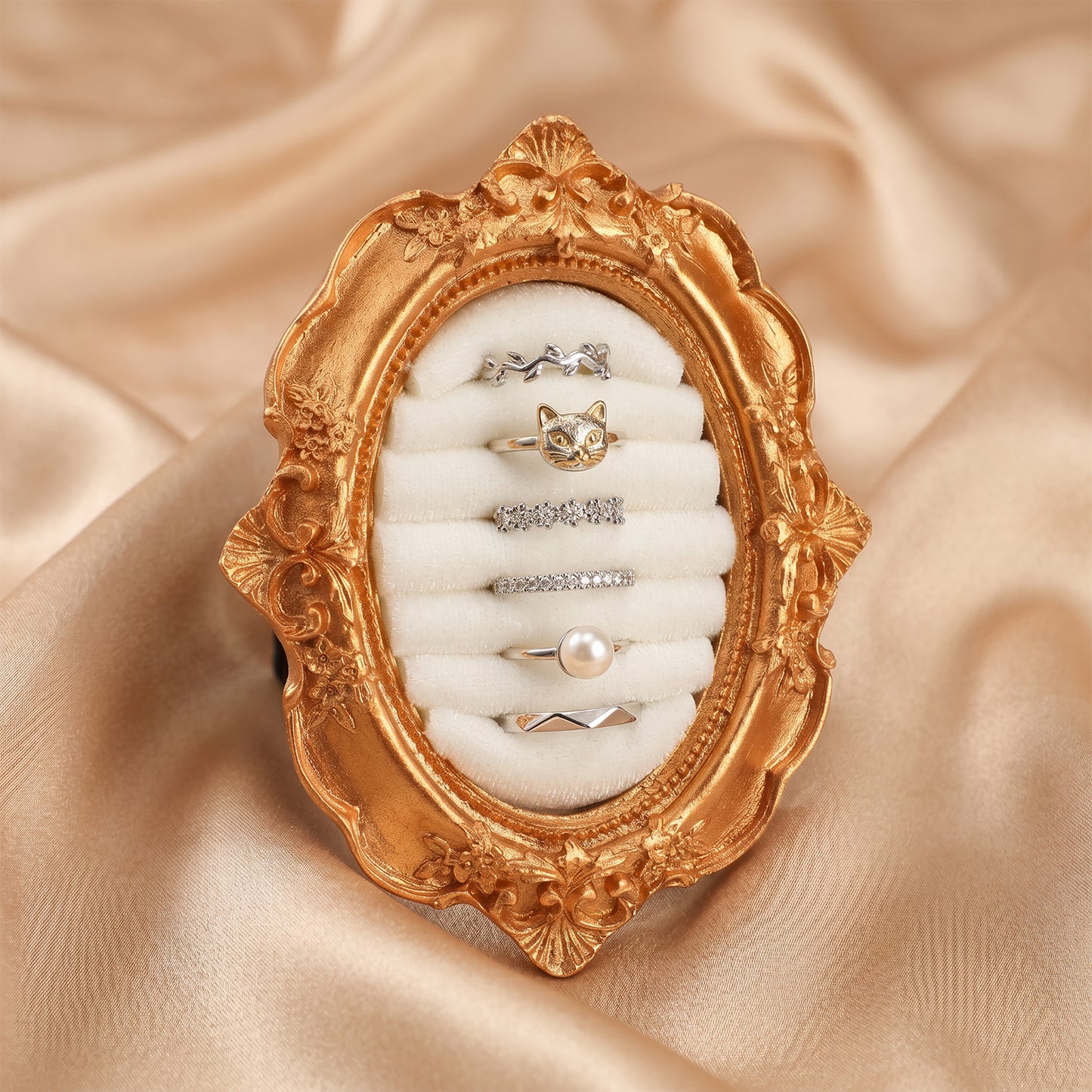 RAHHLIZS Ring Holder Oval Gold Ring Earring Tray Women Jewelry Box Organizer Baroque Photo Frame Wedding Rings Jewelry Display Anniversary Engagement Birthday Christmas Gift