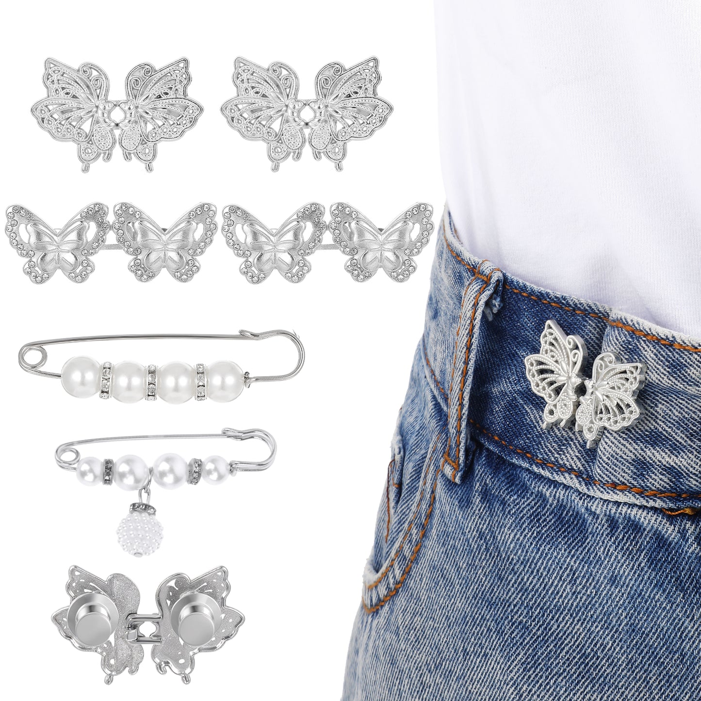 Mabor 6 Set Pants Waist Tightener Butterfly Waist Adjuster for Loose Pants Jeans to Make Smaller Pearl Brooch for Clothing Skirts Dresses No Sewing Decoration Accessories