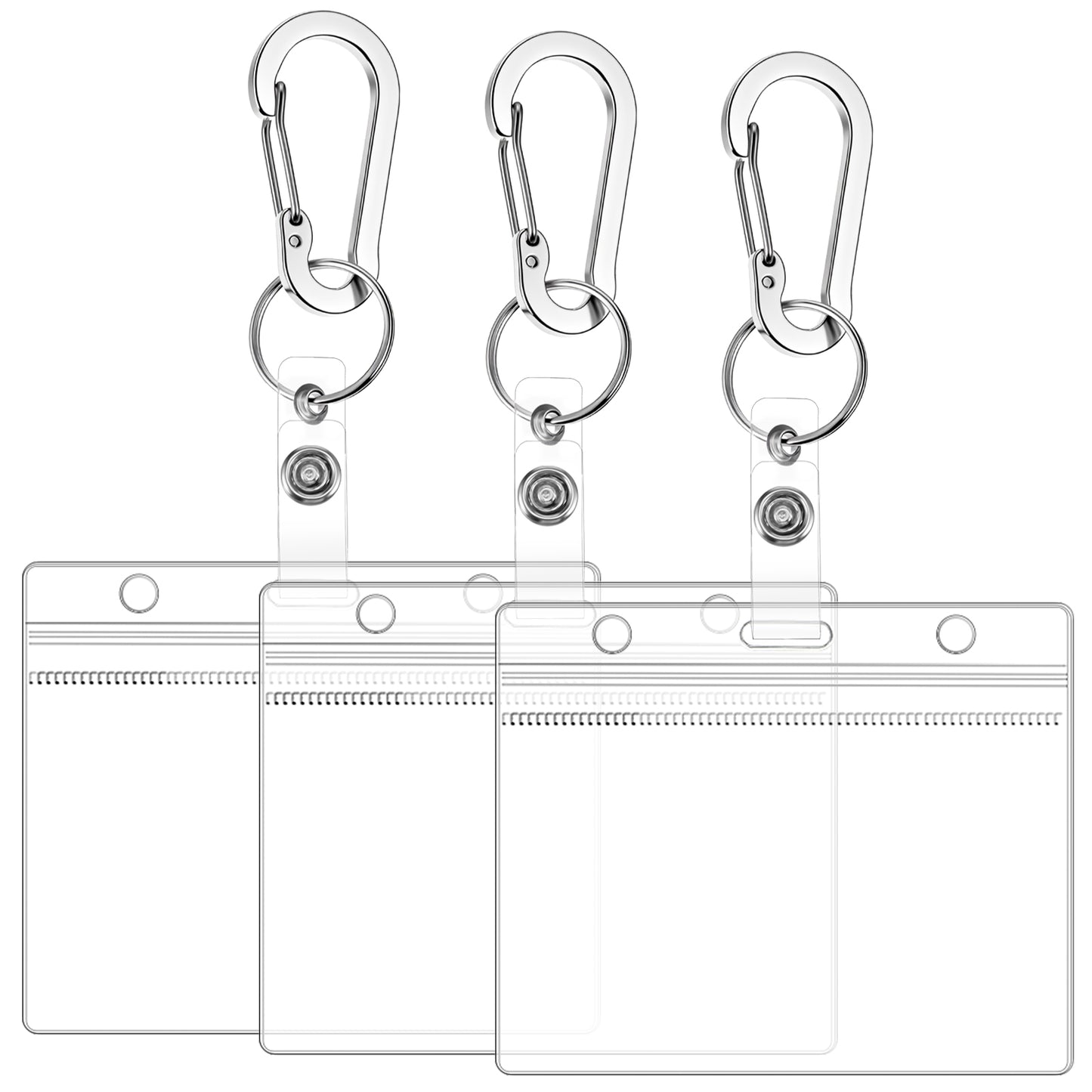 3 Pack ID Badge Holder with Multi Tool Aluminum Carabiner Clip, Extra Thick ID Card Name Badge Holder Heavy Duty Waterproof Clear Plastic PVC Horizontal Sleeve Pocket Resealable