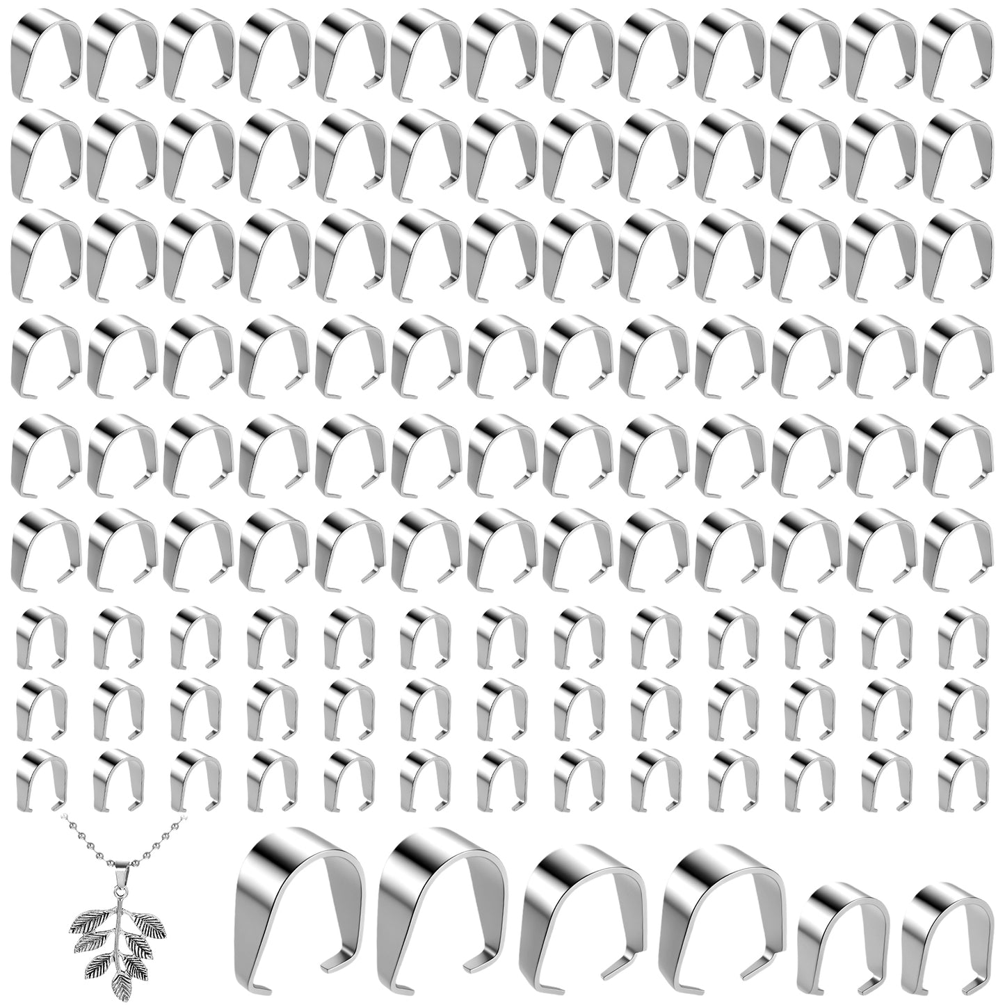 RAHHLIZS 300PCS Stainless Steel Pinch Bails for Jewelry Making, 3 Sizes (3×7mm, 4×9mm, 5×10mm) Pendant Clasps Pinch Clip, Charm Holder Jewelry Clasps for Necklace, Bracelet and DIY Jewelry Making