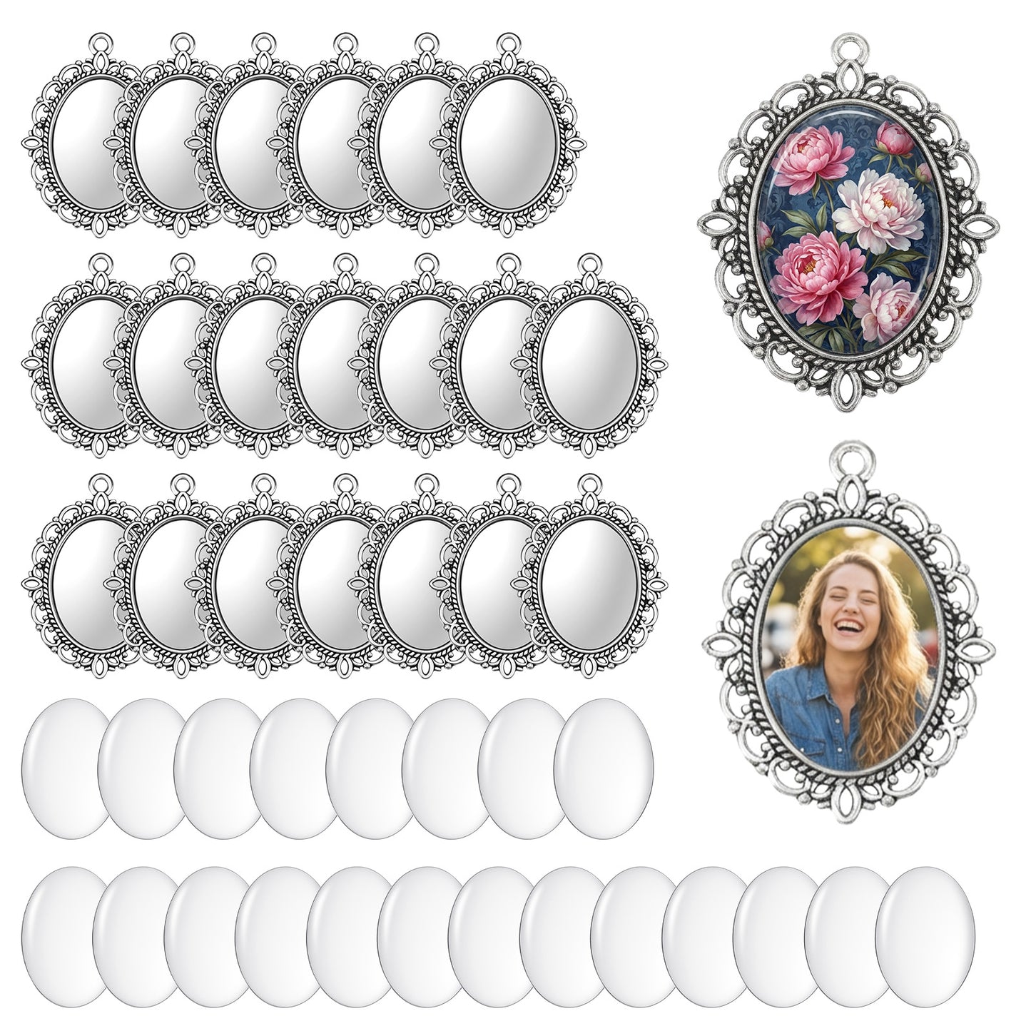 Nogeqi 20 Sets Bezel Pendant Blanks Settings with Glass Cabochons, Oval Blank Pendant Trays Photo Charms Bezels for Jewelry Making DIY Crafts Wedding Bridal Bouquet Charm, 18x25mm (Antique Silver)