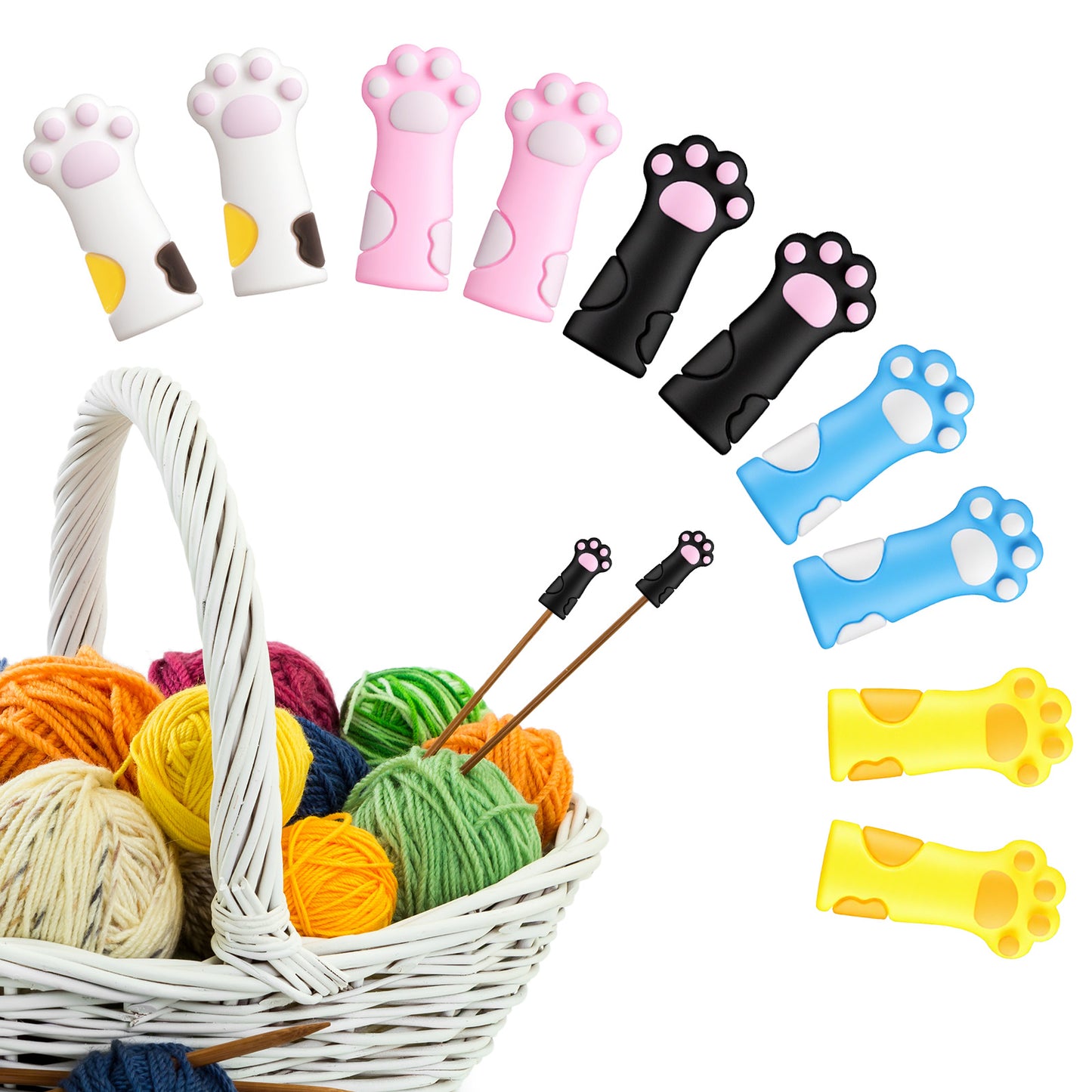 Cat Paw Knitting Needle Stoppers 10PCS Silicone Knit Needles Point Protectors Caps Needle Minders Locks, Knit Stitch Stopper Holders Fit Size 11-17 (8mm-12.75mm) Needles