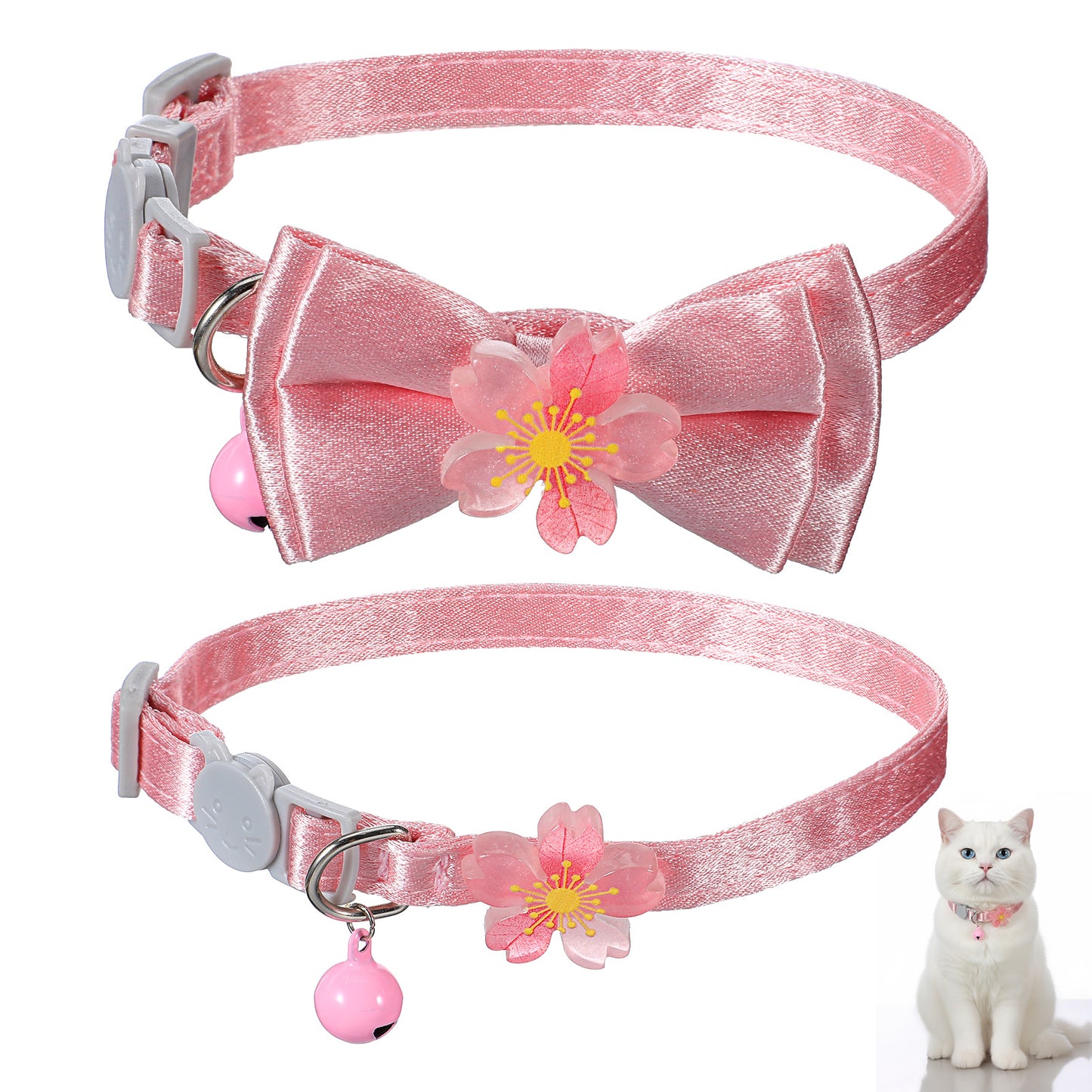 Nogeqi 2PCS Adorable Cat Collars for Girl Cats, Cute Pink Kitten Collar with Bell Bow Flower Pendant, Adjustable Cat Breakaway Collar with Safety Buckle