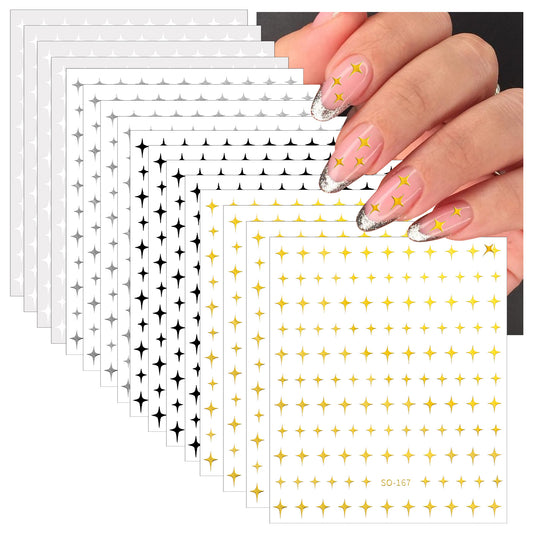 16 Sheets Star Nail Stickers Glitter Art Stickers, 3D Glitter Rhinestones Quadrangular Star Nail Decals for DIY Manicure (Silver, Black, White, Gold)