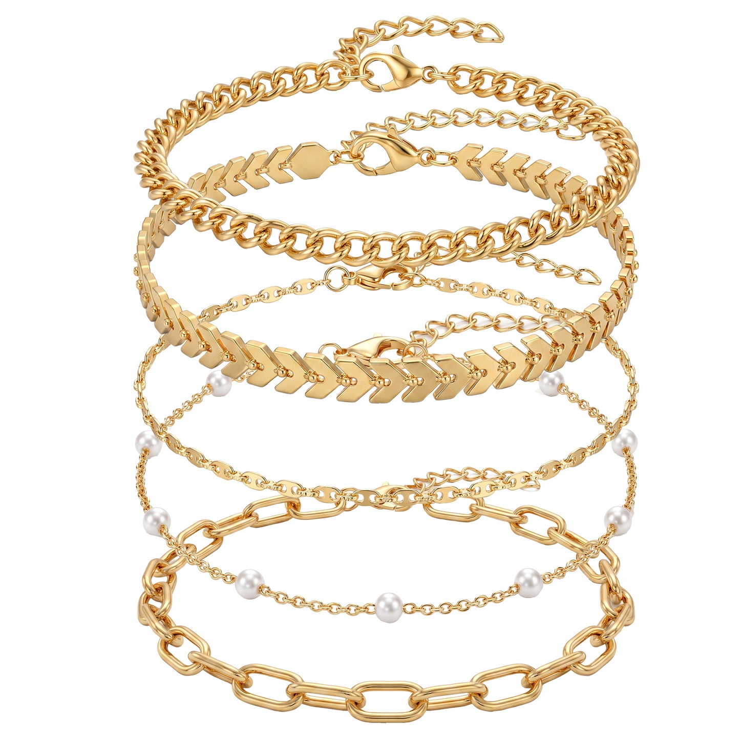 Matwsec 5PCS Gold Ankle Bracelets for Women, Adjustable Layered Anklets Chain Set Pearl Anklet Bracelets for Women Summer Beach Foot Chain Jewelry Gifts