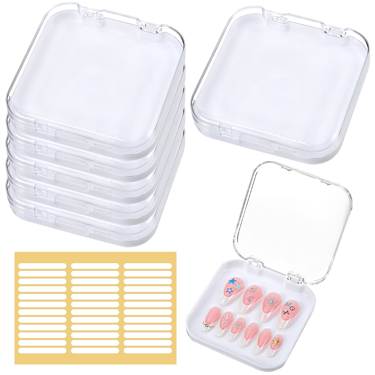 Nogeqi 6 Pcs Press on Nail Case, Press on Nail Packaging Box, Acrylic Nails Display Container with 72 Adhesive Double, Transparent Nails Storage Box for Nail-Salon Supplies Business