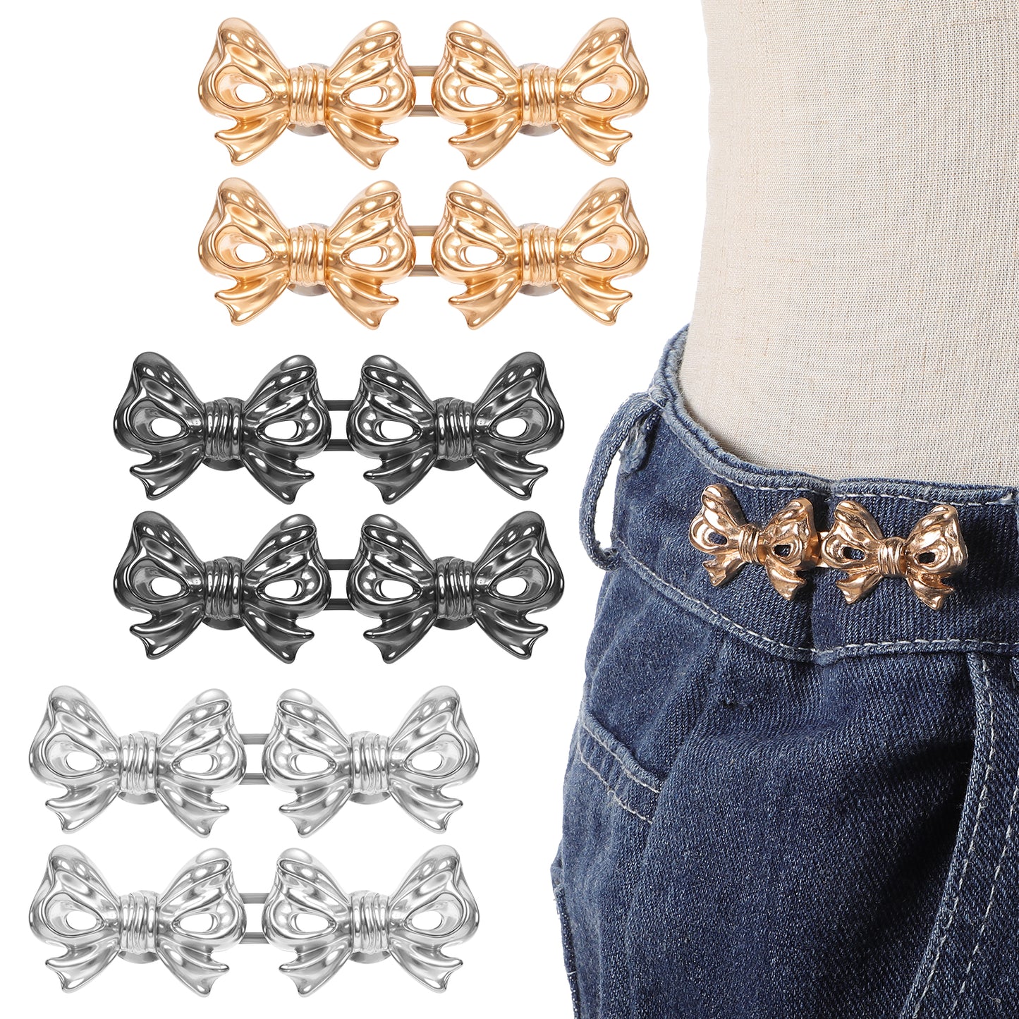 Mabor 6 Sets Pant Waist Tightener Bow Buttons Pins for Loose Jeans Pants Waist Cincher Clip No Sewing Bow Waist Pin Button Adjustable Bowknot Jeans Clip Buckles