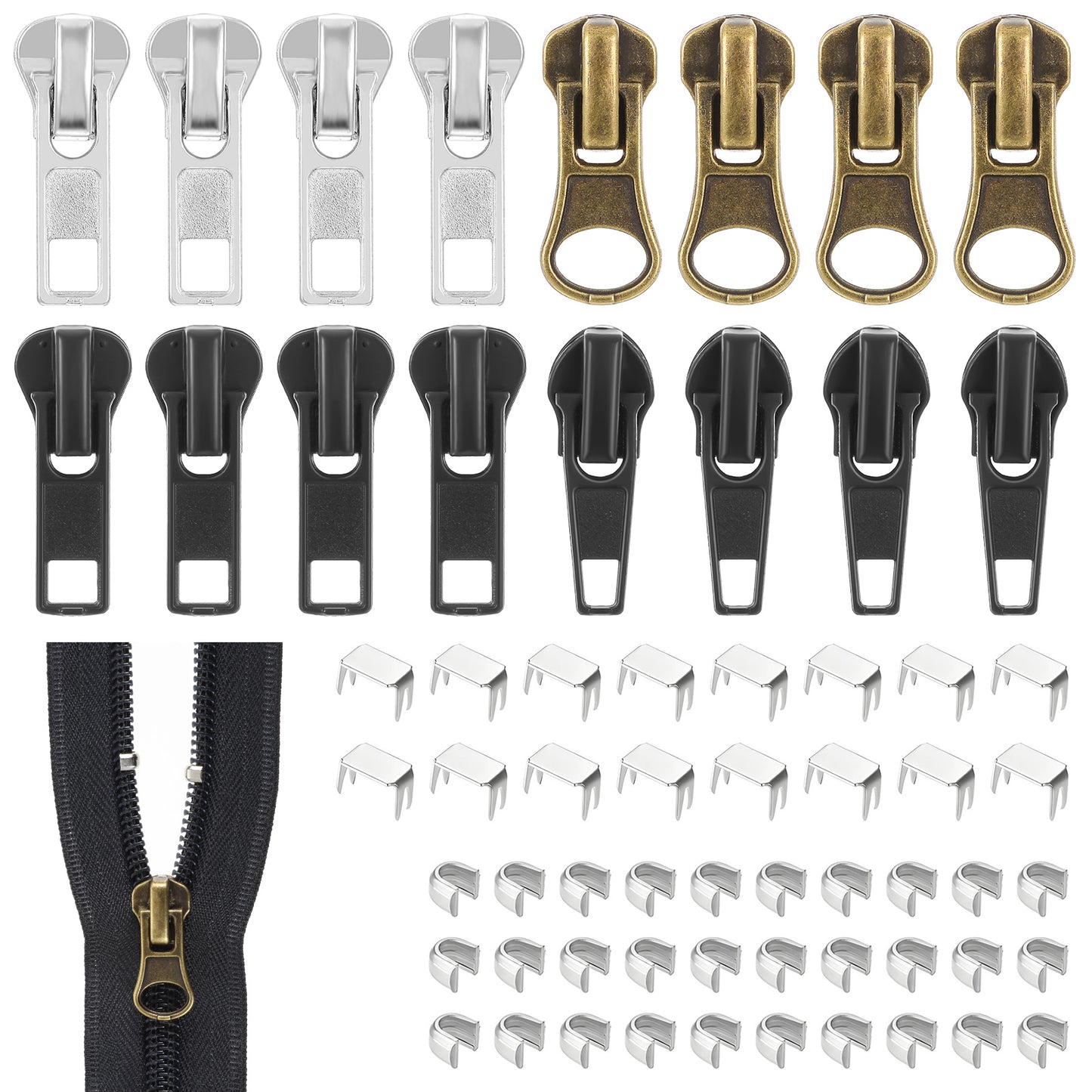 57 Pcs Zipper Repair Kit #5 Replacement Zip Zipper Extension Pulls, Installation Tools for Fix Head Jackets Luggage Backpacks Sleeping Bags Tents Outdoor