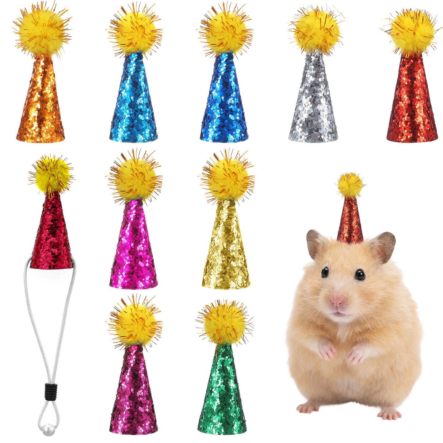 Pet Show 10pack Hamster Hats Mini Small Dog Hats With Sequin Puppy Animal Figure With Tinsel Pom Birthday Party Accessories Stuffed Animals Cats Adjustable for Snakes Hedgehog Lizard Reptile