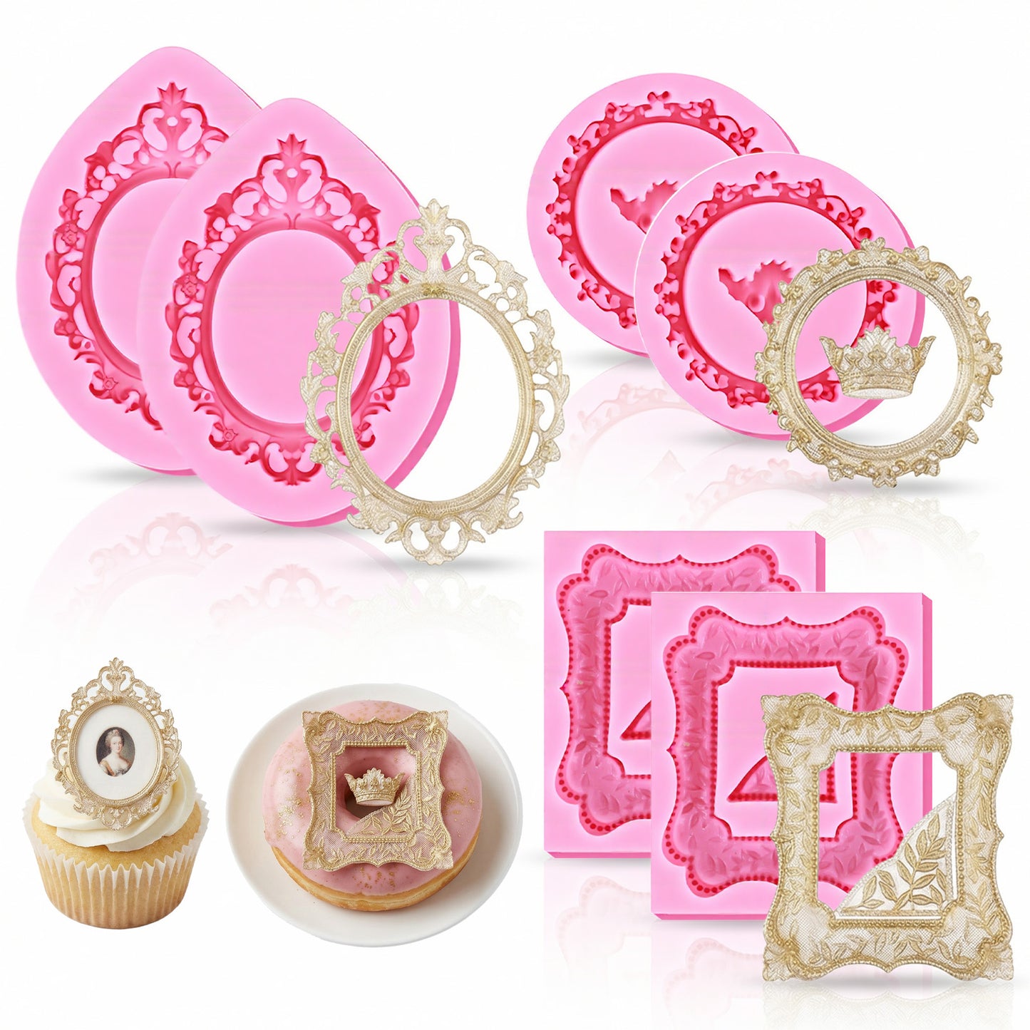 RAHHLIZS 6PCS Pink Picture Frame Mould Baroque Photo Silicone Mould, Small Picture Frame, Silicone Moulds for Crafts, Style Chocolate&Fondant Dry Polymer Clay Moulds (3 Styles)