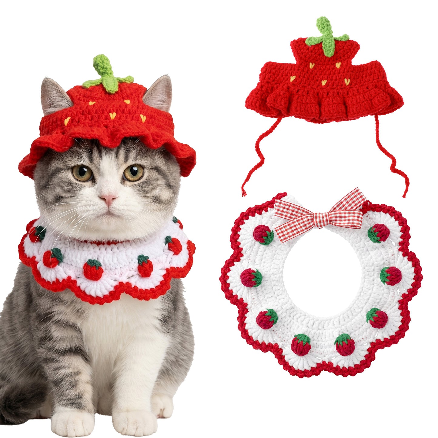 RAHHLIZS 2pcs Strawberry Cat Collar and Kitten Hat Cute Crochet Hats Bow Tie Strawberry Collar for Cats Gifts Present Decor Cats Clothes Outfits