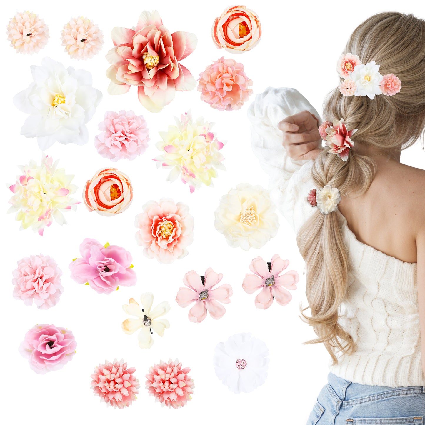 Tyqour 21 Pcs Silk Flower Hair Clips for Women Roses Flower Headdress Clips Aesthetic Boho Pink Floral Bride Barre Hair Barrettes Wedding Accessories