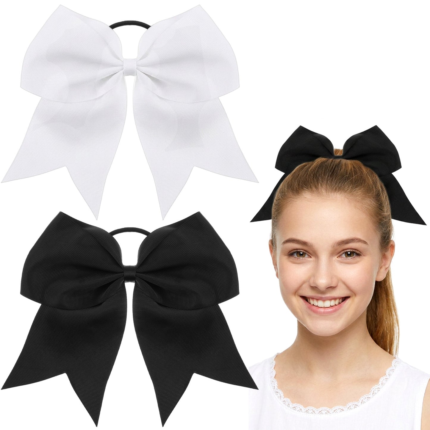 4 Pcs Cheer Bows Large White & Black Cheer Hair Bows Ponytail Holder Elastic Band Bows Cheerleading Accessories For Teen Girls Softball Competition Sports Hair Accessories