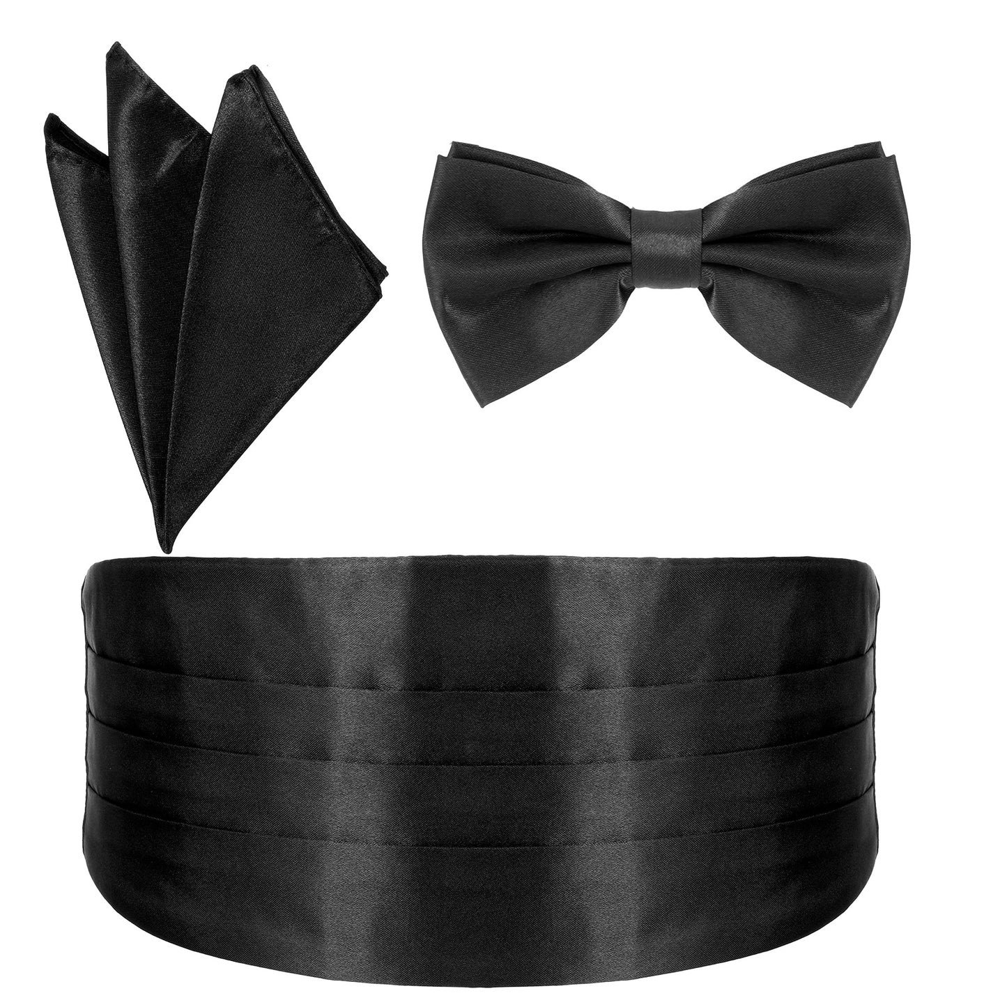 Sorcristy Men's Bow Tie Set, Adjustable Black Tuxedo Cummerbund, Bow Tie, and Pocket Handkerchief for Weddings and Formal Events