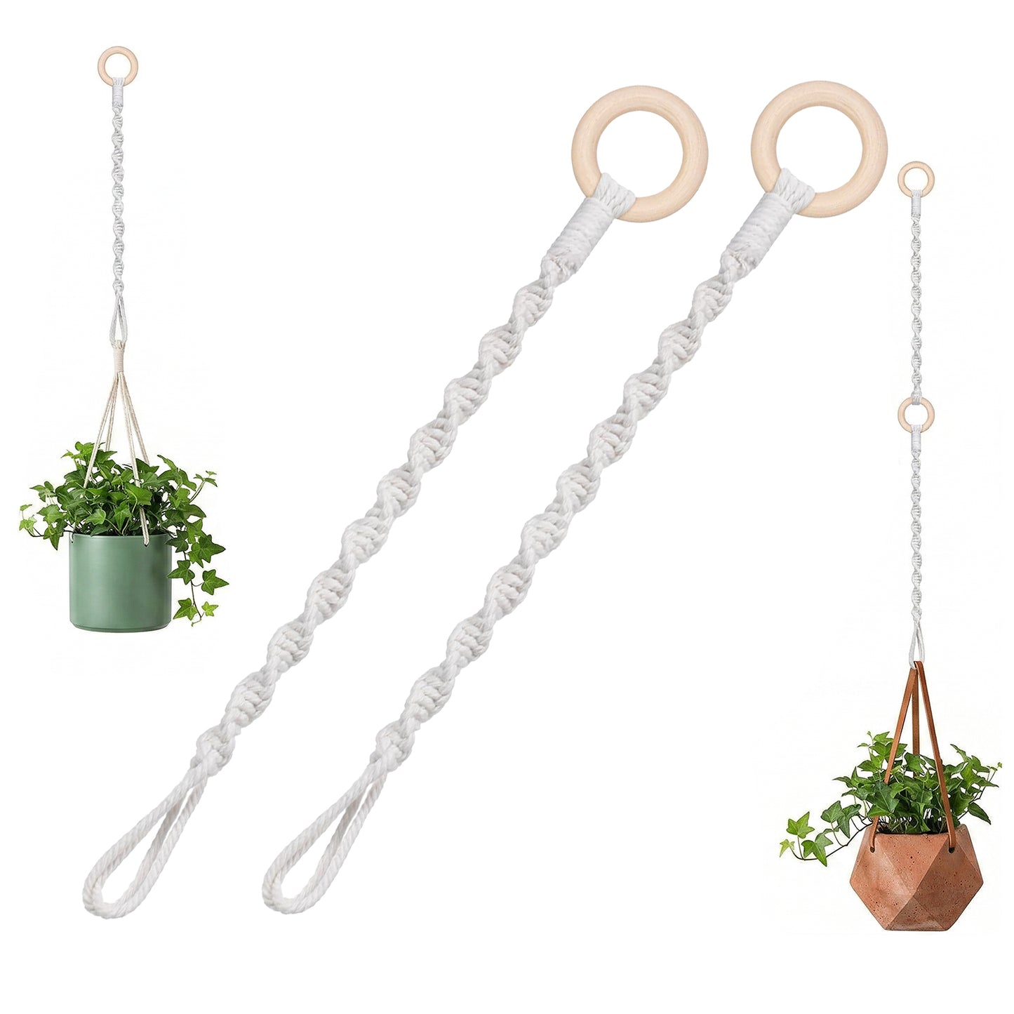 RAHHLIZS 2pcs Adjustable Macrame Chain for Hanging Plants Connectable Rope Hanger With Wooden Ring Hanging Basket for Extender Indoor Hanger Plant to Decoration (Beige)