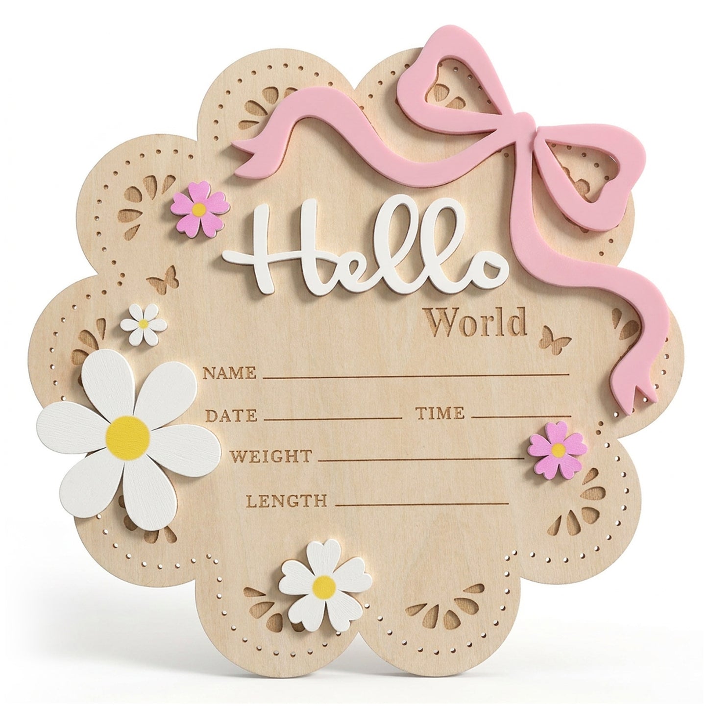 Nogeqi Pink Bow Baby Announcement Sign, Hello World Newborn Sign, Welcome Baby Name Signs, Newborn Name Date Time Weight Length Board, Wooden Birth Announcement Signs for Hospital Nursery Photo Prop