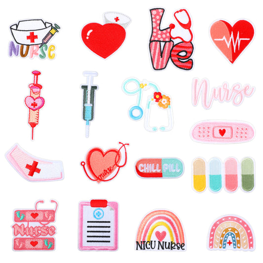 Ymapinc 17pcs Medical Patch Nurse Iron on Patches, Cartoon Nursing Embroidered Appliques Sew on Patch for Hats Clothes T-Shirts Jeans Pants Jackets Bags Backpacks