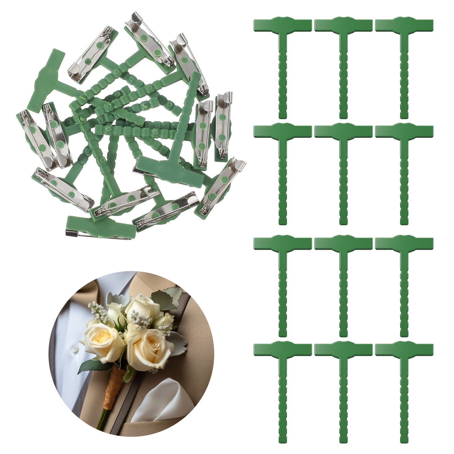 20 Pcs T-Shaped Boutonniere Pins, Plastic Corsage Safety Pins For Bride Groom, Small Boutonniere Brooch Pin Tiny Boutonniere Brooch Supplies For Wedding Party Crafts 1.02 X 1.73 Inch Green