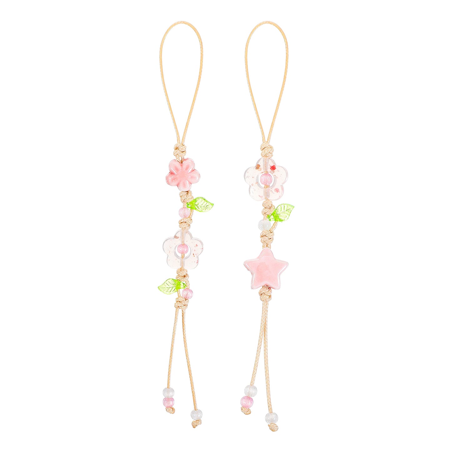 Shimmeroo 2Pcs Cute Flower Phone Strap Charm, Kawaii Y2k Pink Ceramic Star Leaf Cell Phone Charms, Metal Aesthetic Cellphone Strap Charms for Bag Camera Decoration