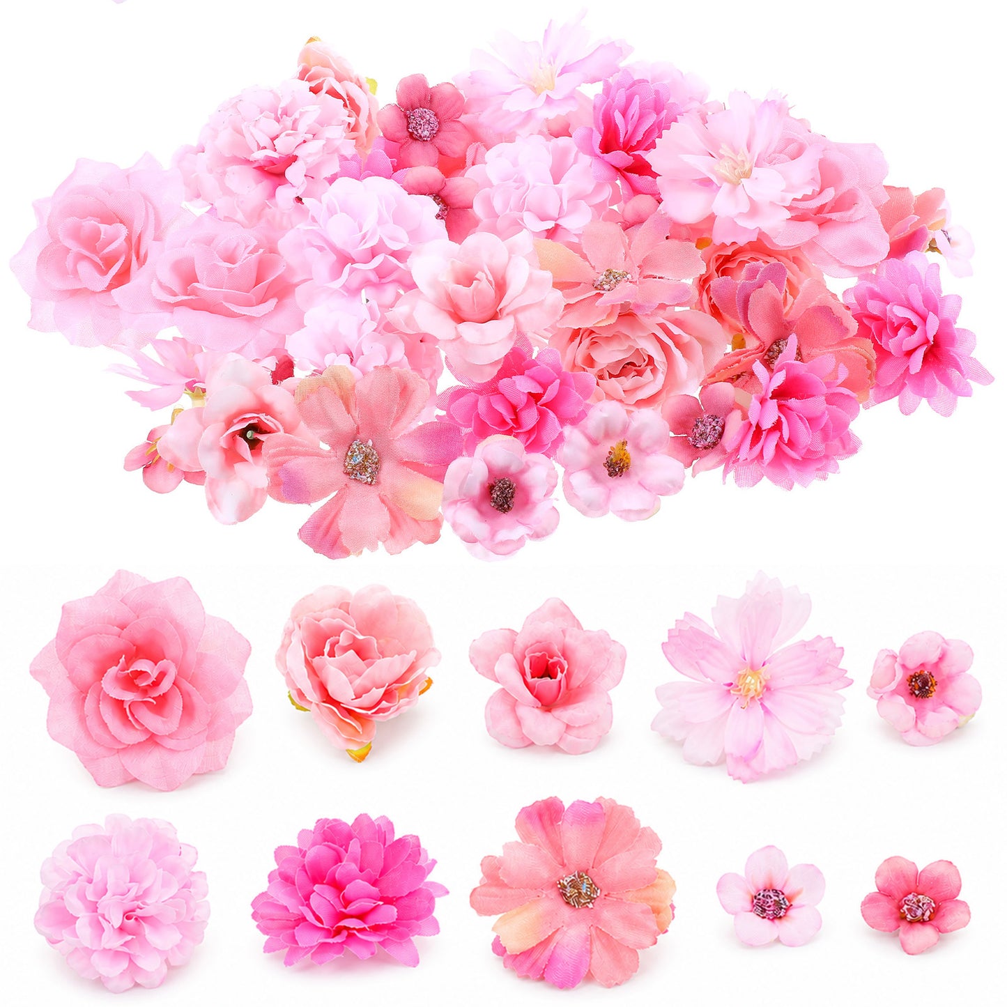 Sorcristy Fake Flower Heads 50 Pcs Pink Faux Flowers Heads Small Decorative